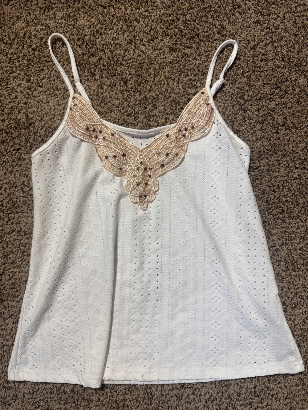 SHEIN White Eyelet Tank with Beige Lace V-Neck